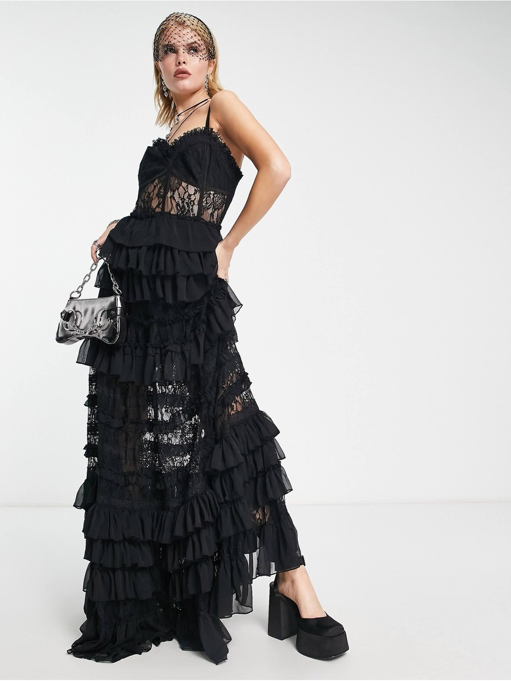 Reclaimed Vintage Black Lace Tiered Ruffle Evening Dress
